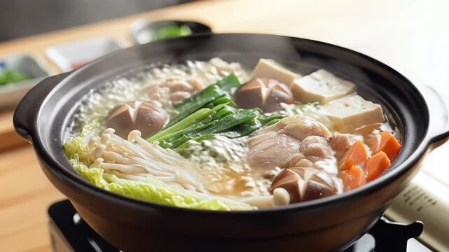 Delicious Japanese Nabe Hot Pot Meal Steaming Hot.