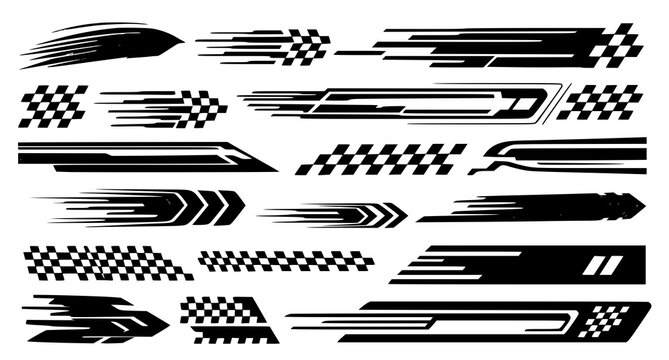 Racing speed line and checkered flag car decals set with hot rod