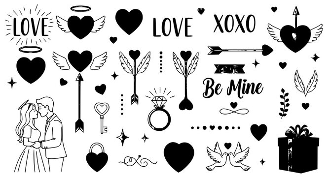 Love and romance icons collection with hearts couple doves, be mine