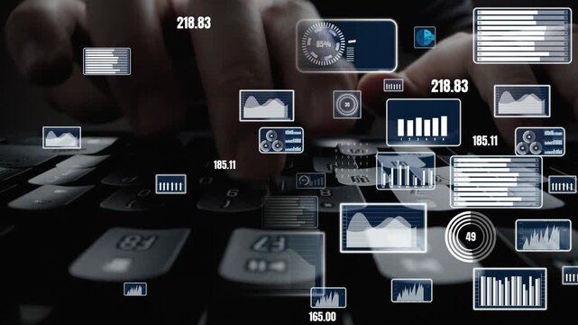Close-up of hands typing on a keyboard with floating digital graphics showcasing various data metrics, illustrating the intersection of technology and business analytics. Xenic