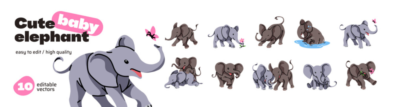 Cute baby elephants having fun set. Happy kids of African animals with trunks sit and run with flowers. Funny characters are bathing in pond and playing. Flat isolated vector illustrations on white