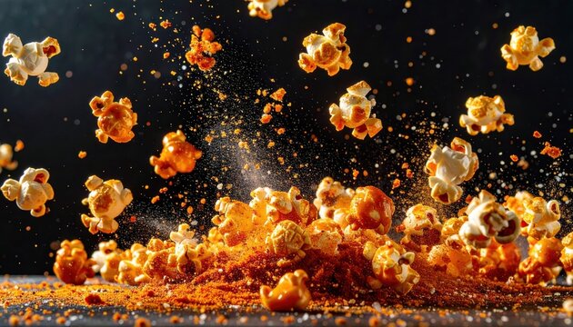 Vibrant popcorn kernels burst with spicy seasoning, captured mid-air against a dramatic dark backdrop.