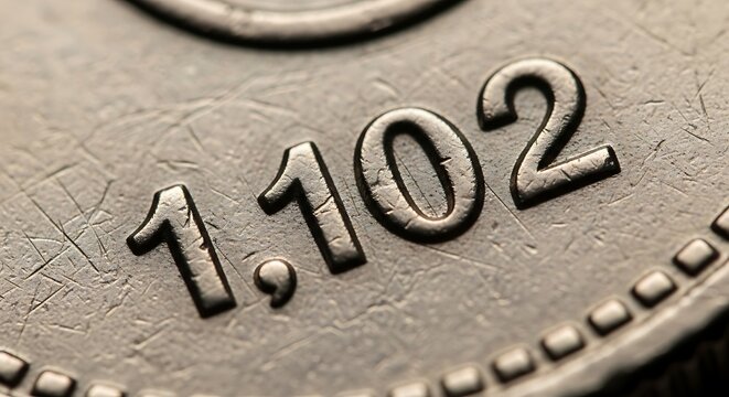 Embossed Number 1102 on Worn Metal Coin in Macro Close Up