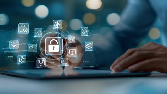 Businessman in modern office using tablet with cybersecurity lock icon connected to cloud, protection, IoT and targeting symbols, illustrating secure digital business technology