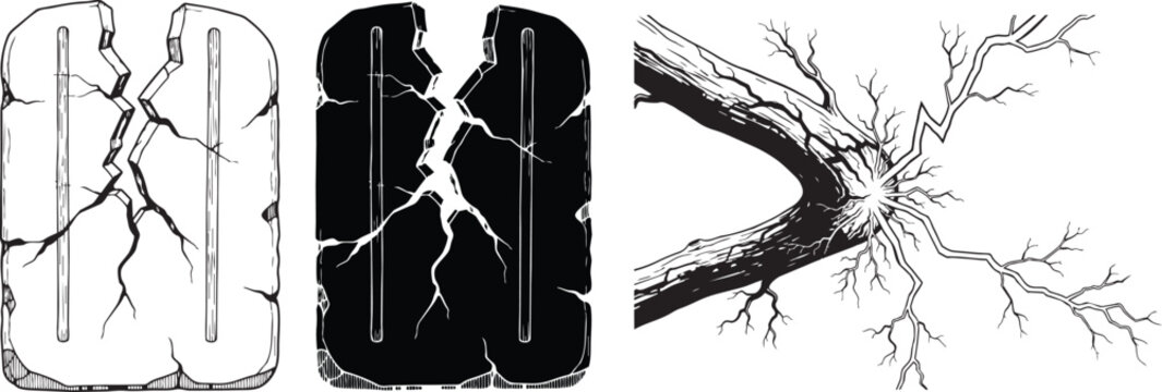 Ancient broken stone rune and splintered tree branch isolated on transparent background