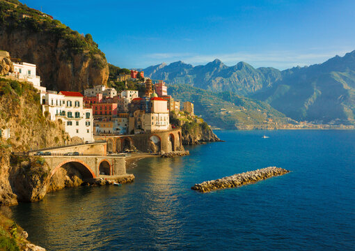 View of Atrani from the coast, Campania, Italy.