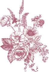 Toile de Jouy is a sweet monochrome bouquet of lush garden flowers and berries in a traditional French style. This vintage-style line art illustration is perfect for wedding designs, birthday cards
