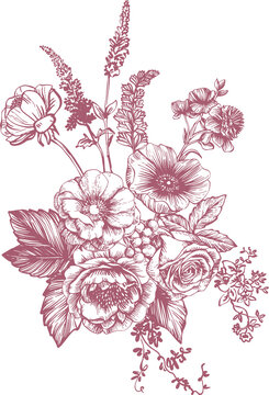 Toile de Jouy is a sweet monochrome bouquet of lush garden flowers and berries in a traditional French style. This vintage-style line art illustration is perfect for wedding designs, birthday cards