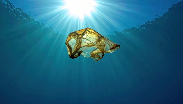 A plastic bag drifts beneath the ocean surface, highlighted by sun rays, symbolizing marine pollution and environmental impact.