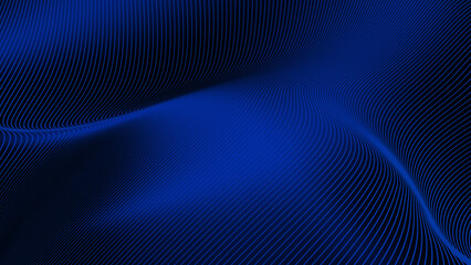 It consists of thousands of thin blue lines that curve and overlap, creating an effect of depth and dimension like silk cloth blowing in the wind or waves of energy. © Mifta