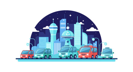 Naklejka premium Futuristic urban city skyline illustration with modern cars driving on a street at night, depicting smart city transportation and technology.