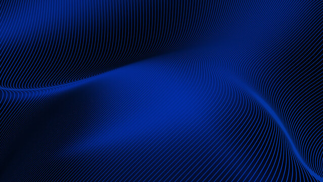 It consists of thousands of thin blue lines that curve and overlap, creating an effect of depth and dimension like silk cloth blowing in the wind or waves of energy.