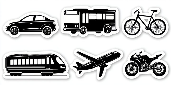 Set of black and white transportation icons featuring a car bus bicycle train airplane and motorcycle as flat vector stickers isolated on a plain white background