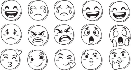 Hand drawn emoji collection isolated on transparent background, sketch faces set showing various emotions expressions feelings reaction icons vector illustration © Mend