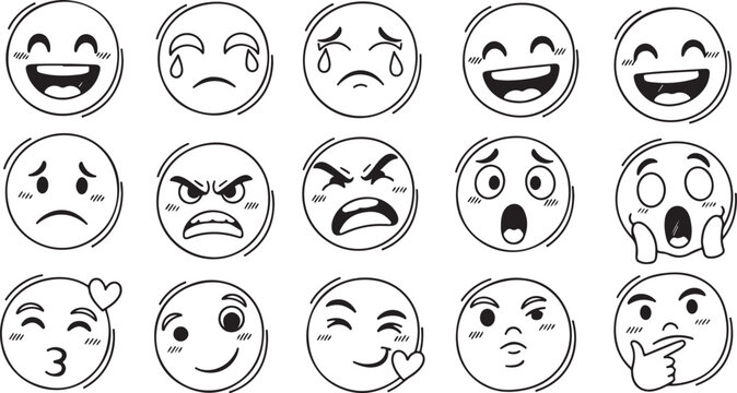Hand drawn emoji collection isolated on transparent background, sketch faces set showing various emotions expressions feelings reaction icons vector illustration
