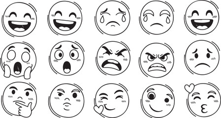 Hand drawn emoji collection isolated on transparent background, sketch faces set showing various emotions expressions feelings reaction icons vector illustration © Mend