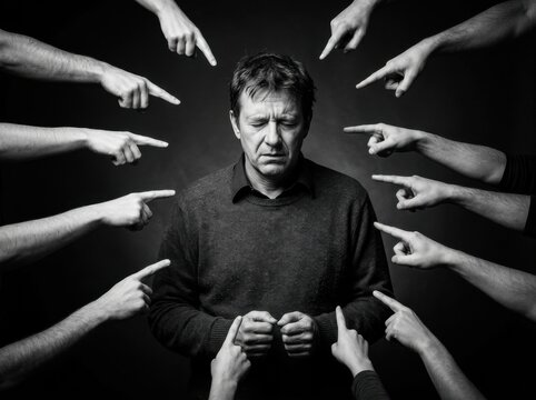 Social Judgment and Workplace Bullying Concept with Man Accused by Multiple Hands. High Contrast Monochrome Image for Mental Health Awareness, Social Pressure, and Flexible Layout.