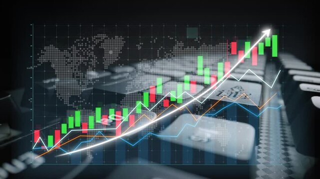 A dynamic visualization of finance data featuring a stock market chart overlay on a keyboard. This image represents modern trading concepts and digital analytics. Copula