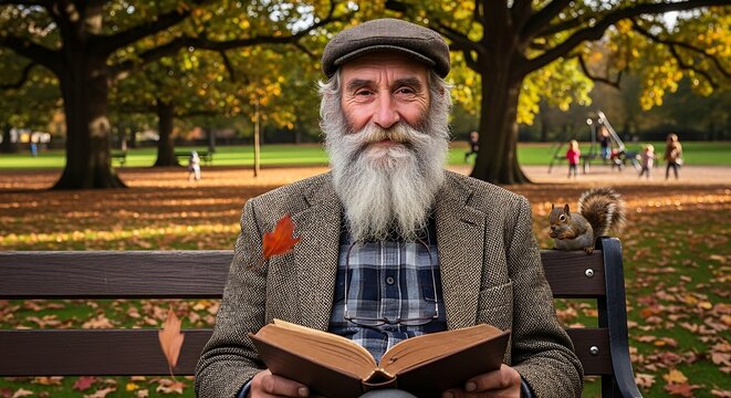 An elderly man with a long white beard, tweed jacket, and cap, reading a book on a park bench, accompanied by a squirrel