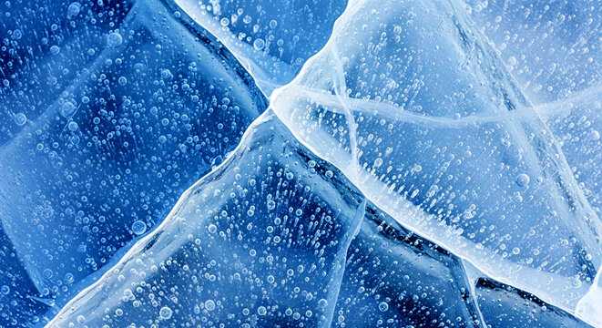 Abstract frozen ice texture with trapped air bubbles and intersecting crystalline patterns in cool blue tones. High-detail winter background ideal for climate visuals and natural design concepts.