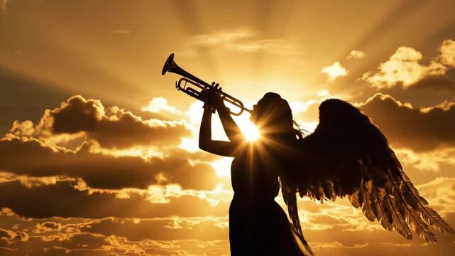 Angel silhouette playing trumpet in sky during sunset creating spiritual heavenly atmosphere scene
