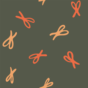 Cute and simple hand painted tied up bows forming a minimalist festive pretty design in colors of cream and orange on green. Christmas seamless vector pattern. Great for home decor, fabric, wallpaper.