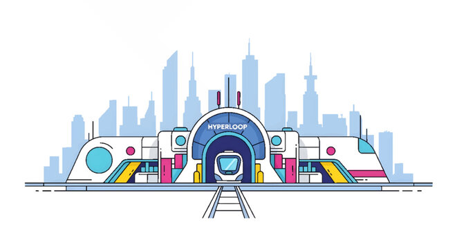 Futuristic high-speed train station with modern city skyline in the background, concept of advanced transportation