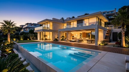 Fototapeta premium Stunning contemporary villa illuminated at dusk