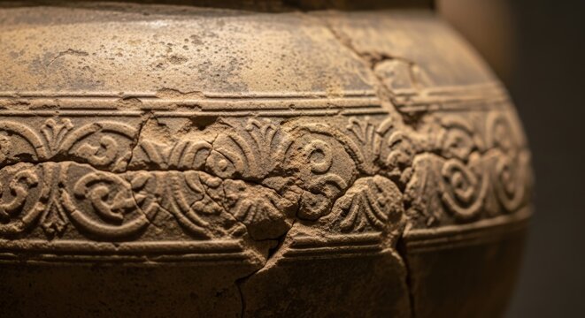 Ancient clay pot with traditional floral carving ornament. Detailed texture of antique vessel surface. Archaeological historic object, relic from clay at museum exhibition. Cultural heritage.