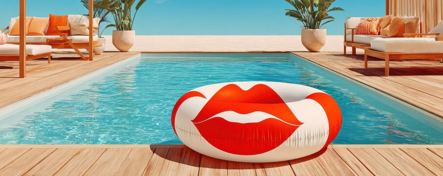 Inflatable red lips pool float on wooden deck beside a sunny luxury pool lounge