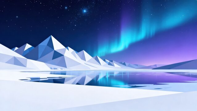 Stylized mountain landscape with northern lights
