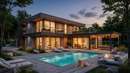 Fototapeta premium Luxury contemporary home with outdoor pool area at dusk