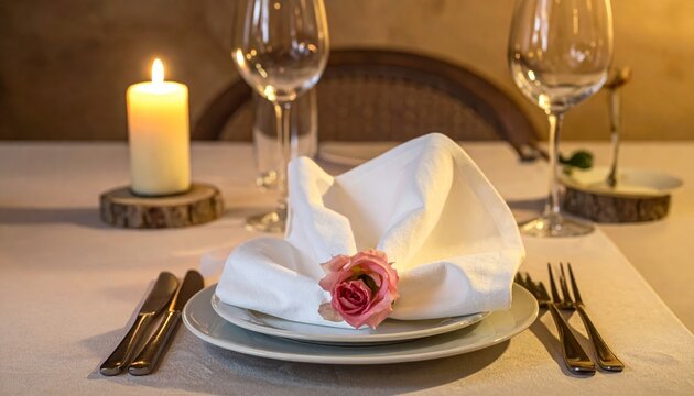 Elegant wedding table setting with flowers, silverware, and wine glasses arranged for a festive dinner celebration at a restaurant banquet