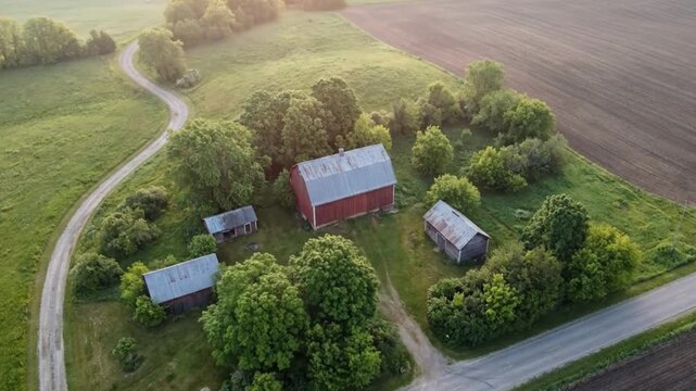 Traditional red wooden barns with weathered metal roofs stand together on a lush green grass plot in the country