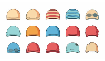 Fototapeta premium Swimming cap icons vector set with colorful swim caps for pool and swim sports in cartoon flat style isolated on white background