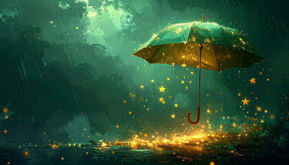 Fototapeta premium Surreal umbrella golden star glowing rain dark green forest magical night fantasy dreamy sparkling whimsical imaginative scene