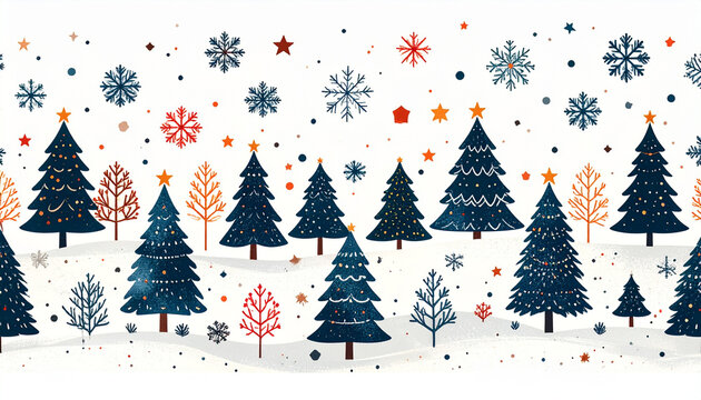 Scandinavian christmas pattern with pine tree snowflake star winter landscape festive simple line holiday blue orange white seamless design joyful mood