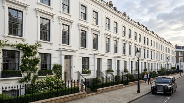 Historic townhouses with symmetrical windows and black iron fences