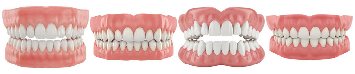 Obraz premium Detailed 3D render of a full set of false teeth or dentures, showcasing different perspectives for dental education.
