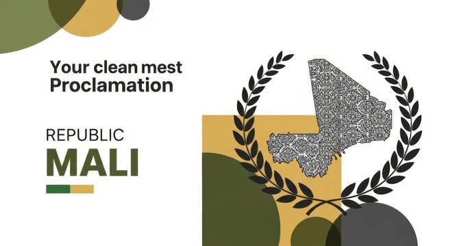 Mali map graphic with proclamation text and olive branches in abstract design