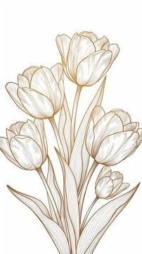 Elegant gold line art tulip triptych on white background. hand drawn botanical illustration of tulip bouquets in vertical panels.