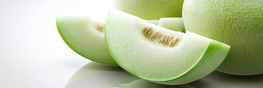 Fresh Close-Up of Honeydew Melon Slices, Juicy and Refreshing with Soft Lighting and Clean Look.