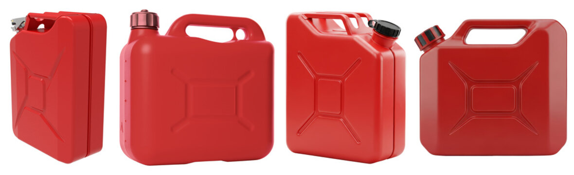 Vibrant red plastic fuel tanks in various perspectives, a collection of gas cans for automotive and energy concepts.