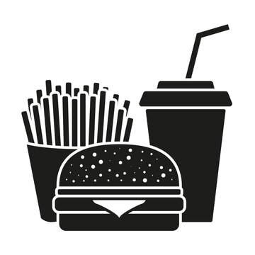 Illustration vectorielle minimaliste d'un menu de restauration rapide comprenant un burger, un cornet de frites et un gobelet de soda avec paille