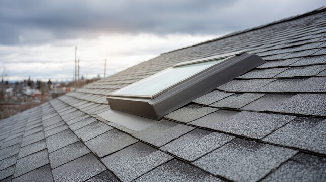 Skylight on asphalt shingle roof with water stain risk, suggesting skylight window leak repair and roof repair need.