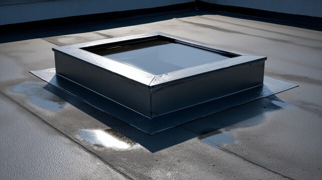 Flat roof skylight with sealant repair and flashing work addressing skylight window leak repair roof repair.