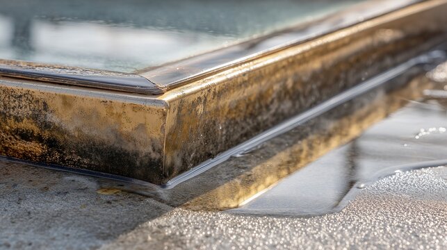 Skylight window with water pooling and roof edge showing leak damage and seal deterioration, implying skylight leak repair and roof repair need.