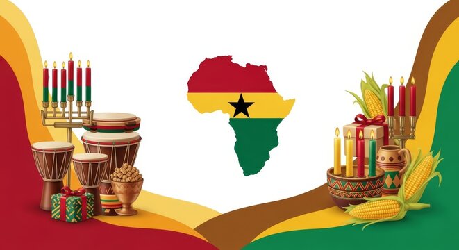 Kwanzaa celebration symbols with Ghana map and African continent. Festive objects on curved background. African heritage and culture -