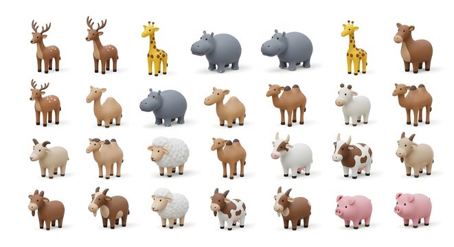 Colorful miniature animal figures like deer, giraffe, hippo, and pig