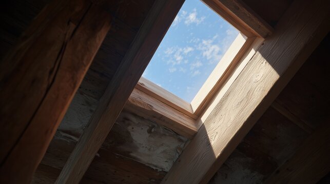 Skylight window with water stain and damaged roof framing indicating skylight window leak repair and roof repair need.